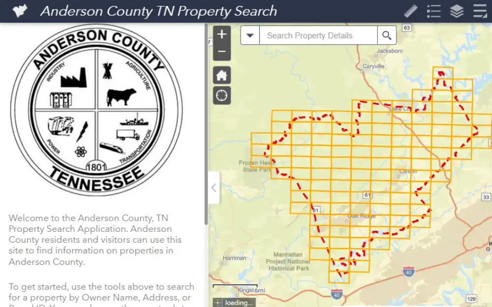 The Anderson County Online Property Search Tool screenshot shows a map of the county and live navigation buttons; the Assessor's logo is on the left. 