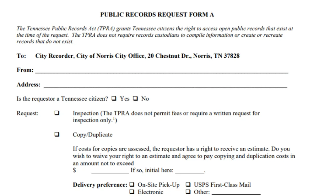 A screenshot of the 'Public Records Request Form A' for the City of Norris Police Department requires requestors to fill out their full name and address and select what type of request.