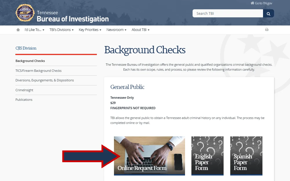A screenshot of the Tennessee Bureau of Investigation webpage where the process for Background Check Requests is being described and a red arrow is pointing to the link for the Online Request Form.