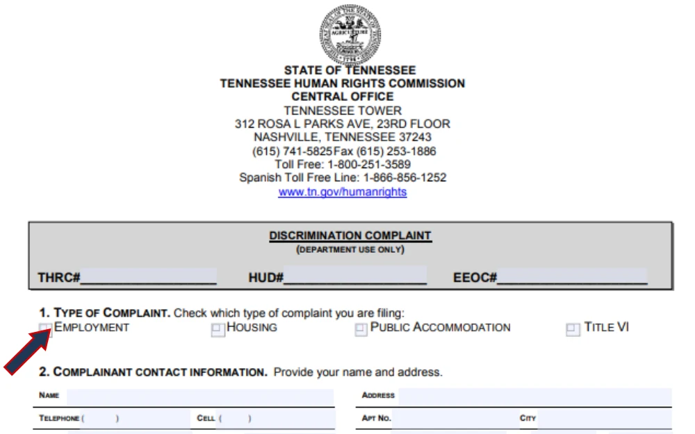 A screenshot of Tennessee Discrimination Complaint Form with a red-blue arrow pointing to the box you need to tick for Employment-related complaints.