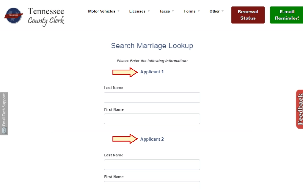 A screenshot of the Tennessee Marriage Lookup Online Portal with two red arrows pointing to where it says Applicant 1 and Applicant 2, referring to both spouses in the marriage.
