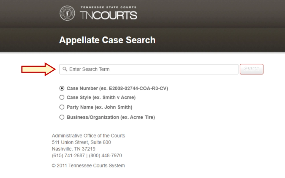 A screenshot of the Tennessee Public Case History Online Portal's Appellate Case Search with a red arrow pointing to the search bar where you may input the case number. 