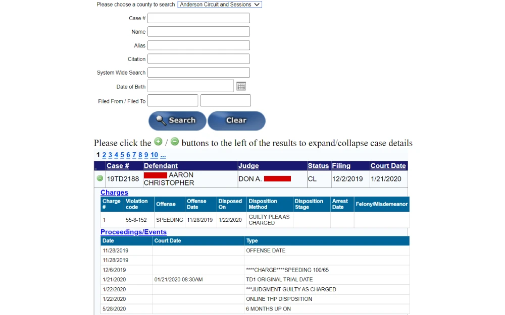 A screenshot from the Anderson County Circuit Court Clerk’s Office featuring a search interface for case information, displaying a dropdown menu to select a specific court, input fields for case number, name, and other details, and below it shows a case summary for a traffic violation including defendant's name, judge, status, charges with violation codes, dates of the offense, court proceedings, and other events related to the case.