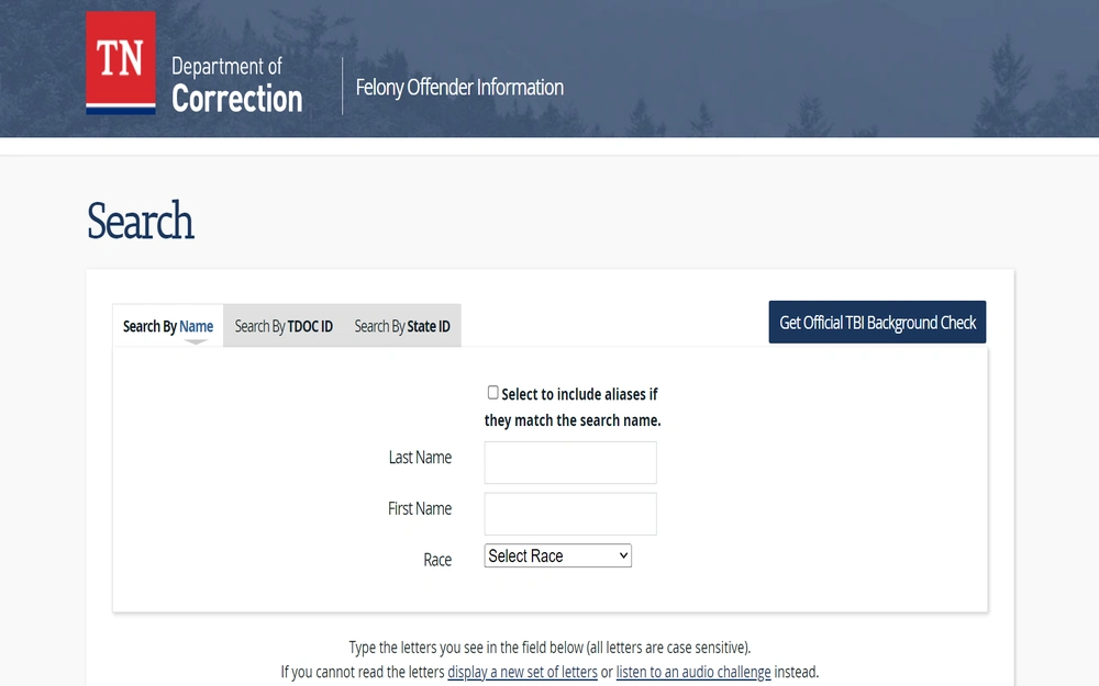 A screenshot from the Tennessee Department of Correction displaying options to search for felony offenders by name, department identification number, or state identification number, with additional checkboxes to refine the search and a link for an official background check.