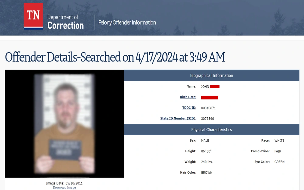 A screenshot from the Tennessee Department of Correction website showing the details of an offender as of a certain date and time, including a front-facing mugshot, biographical information with a name and birth date, department and state identification numbers, as well as physical characteristics such as sex, race, height, complexion, weight, eye color, and hair color.