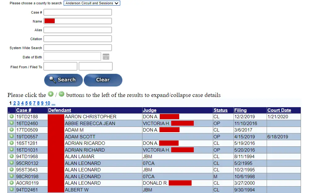 A screenshot of the Anderson County Circuit Court criminal case search displays the input fields for case number, name, citation, and date of birth, among others, followed by the results yielding the case number, name of defendant, judge, status, filing date, and court date.