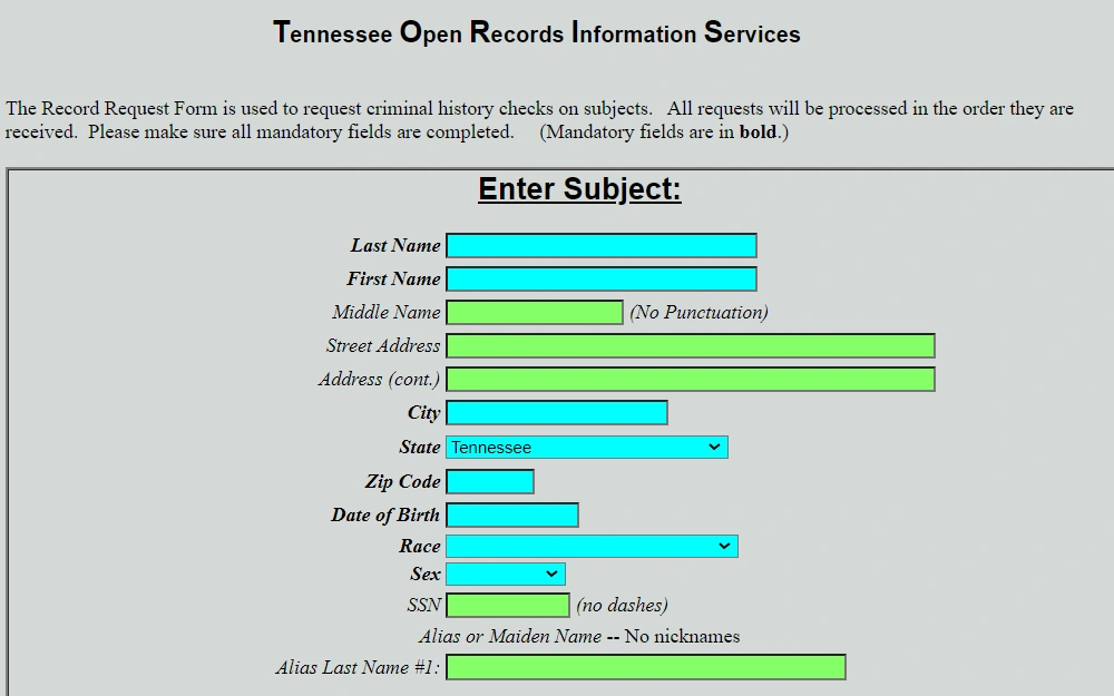 A screenshot of the second page of the Tennessee Open Records Information Services from the State Bureau of Investigation displays input fields with subject information, including name, address, date of birth, race, sex, social security number, and alias names.