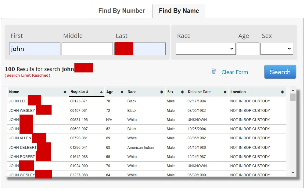 A screenshot of the Federal Bureau of Prisons inmate locator sample results, listing all matching profiles with their information, such as name, register #, age, race, sex, release date, and location.