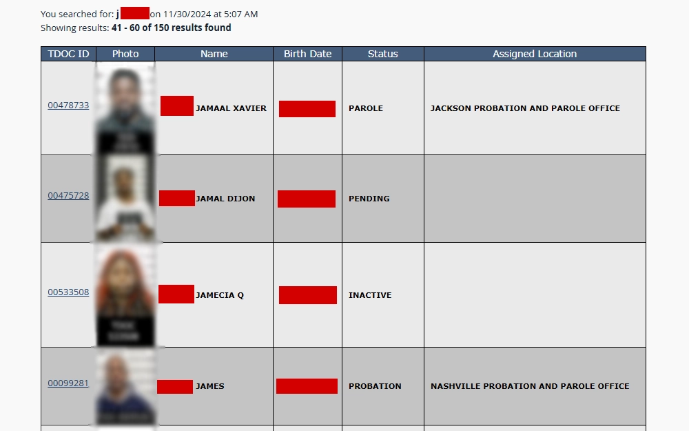 A screenshot of the Tennessee Department of Correction's Felony Offender Information Lookup results sample, which displays each matching individual's TDOC ID, photo, name, birth date, status, and assigned location.