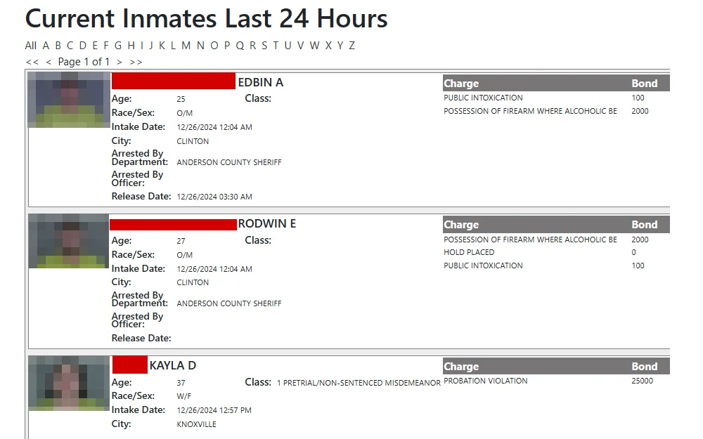 A screenshot of the Anderson County Sheriff’s Office inmate roster, which lists all individuals currently incarcerated at the Detention Center showing every person's mugshot, full name, age, race/sex, intake date, city, arresting department/officer, release date, charge(s) and bond(s).